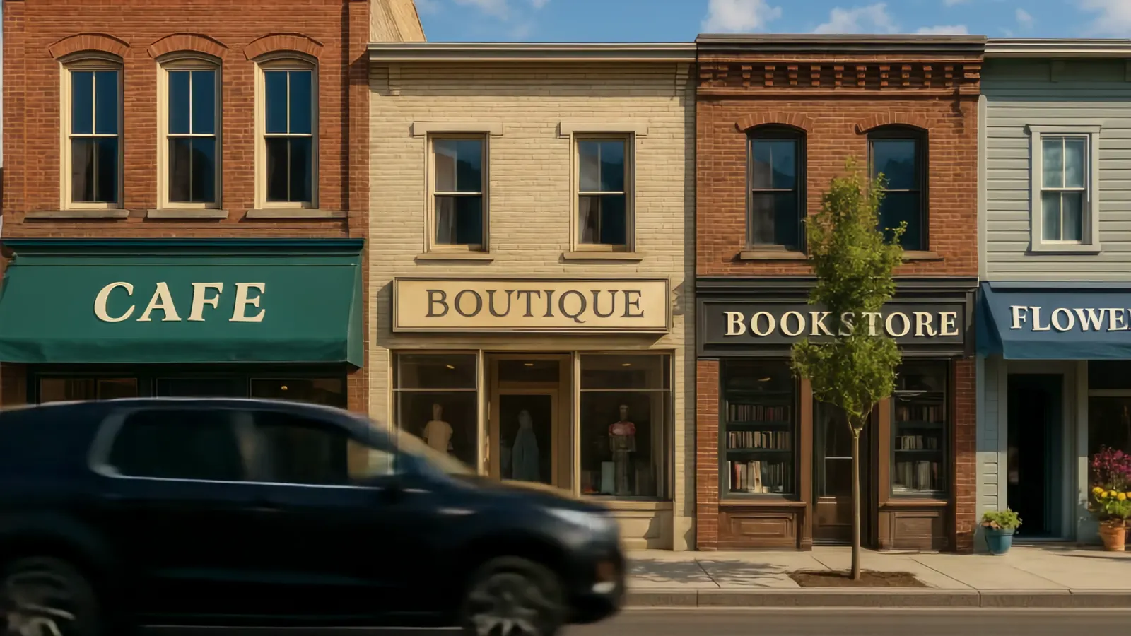 A row of shopfronts, a bookshop among them.